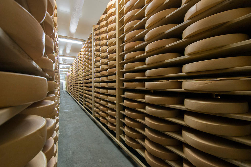 Cheese stocked in Etivaz warehouse.