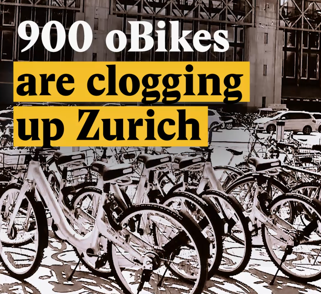 A cover image for a Nouvo video about dockless bikes in Zurich.