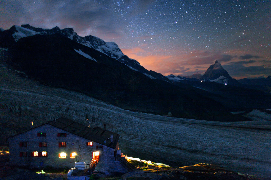 View of the Swiss Alpine Club s (SAC) old Monte Rosa Hut on the Gorner Glacier near Zermatt in the canton of Valais