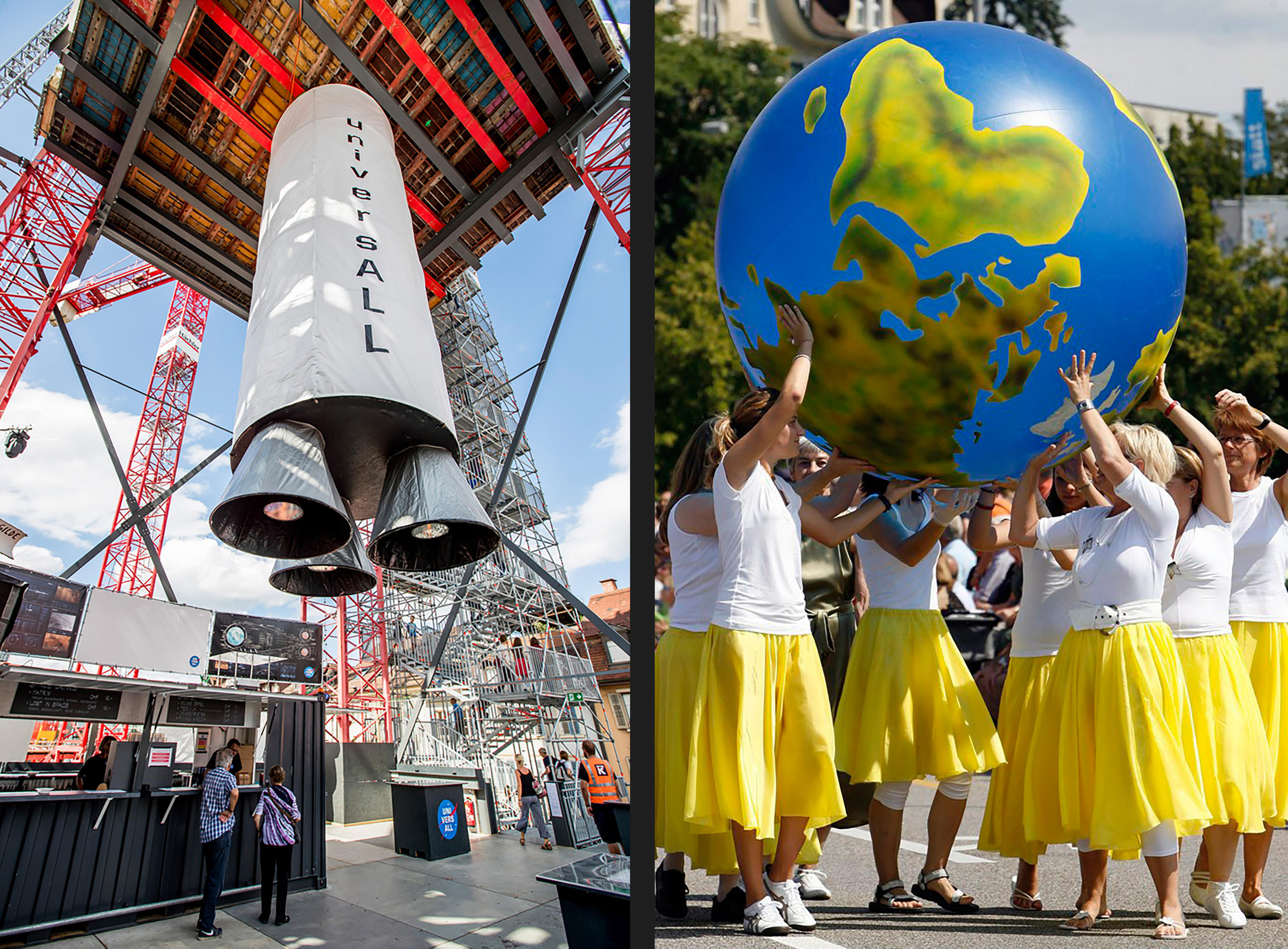 rocket on then left and women hold world on then right