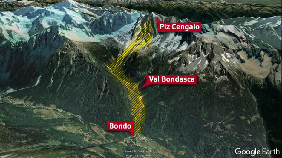 Grafico del percorso della frana staccatasi dalla montagna sopra a Bondo