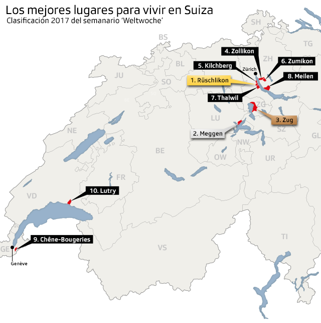 Mapa de Suiza con los mejores lugares para vivir