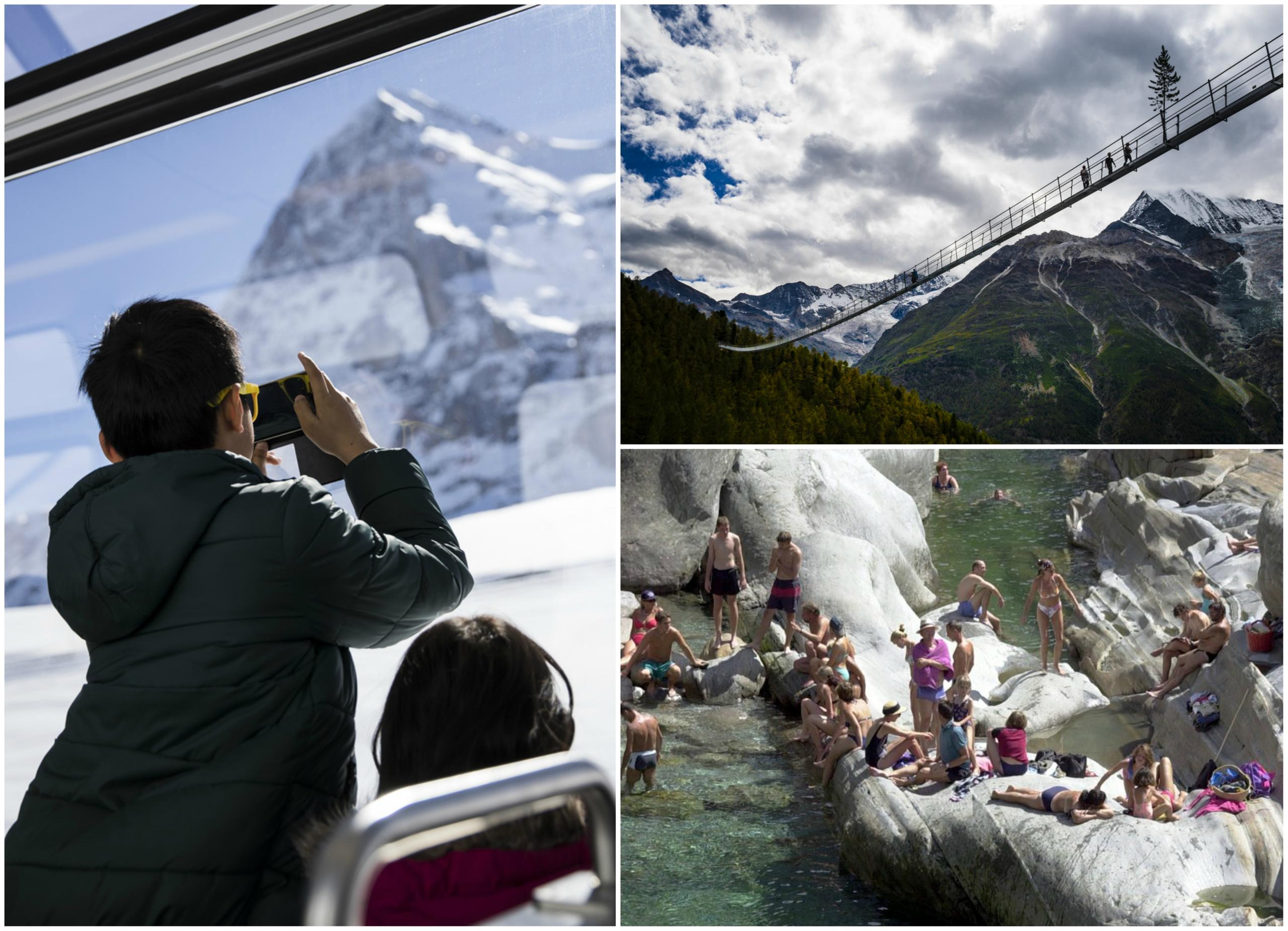 Collagi di tre fotografie. Passerella in vallese, turista davanti all Eiger e turisti sul fiume Verzasca.