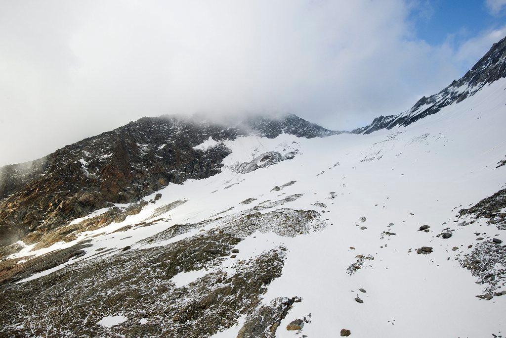 A helicopter view shows the Lagginhorn Mountain, near Saas-Grund, Switzerland, Tuesday, July 3, 2012.