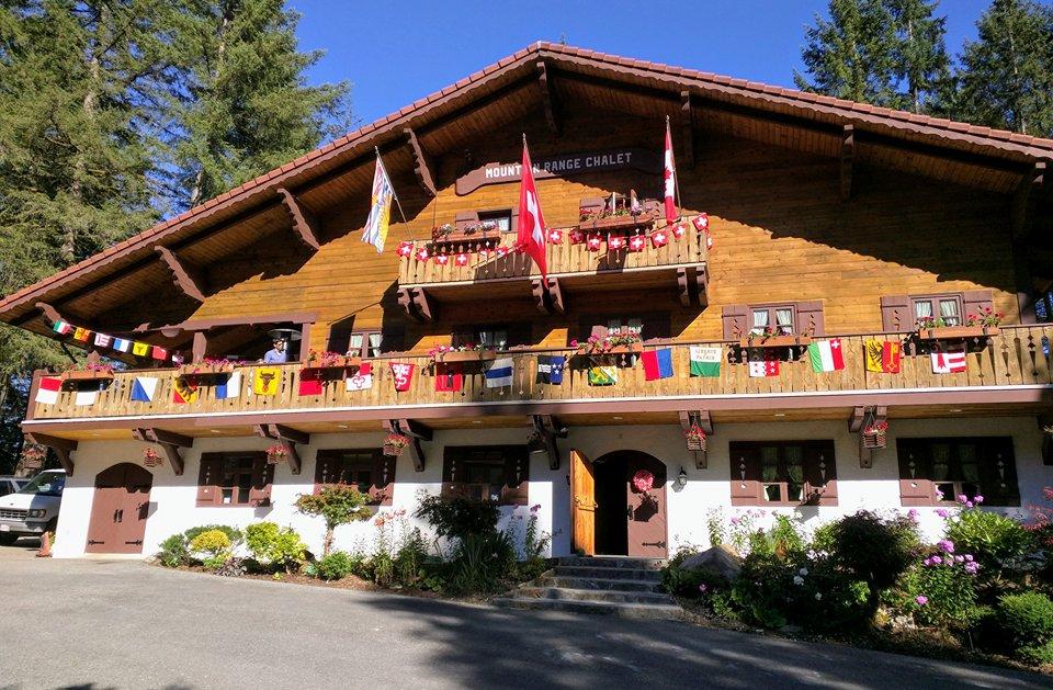 Un chalet de madera decorado con las banderas de los cantones suizos