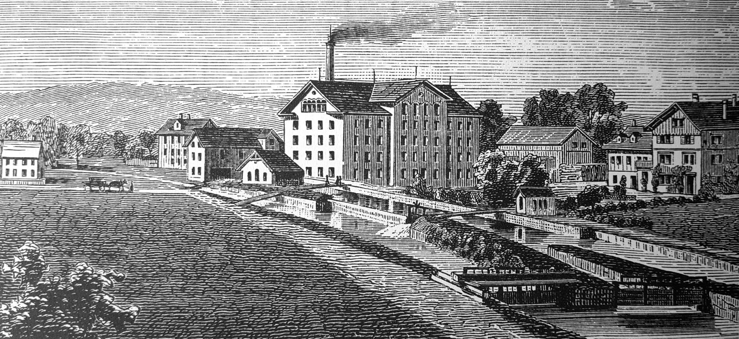 Old print showing a cotton spinning mill outside Zurich