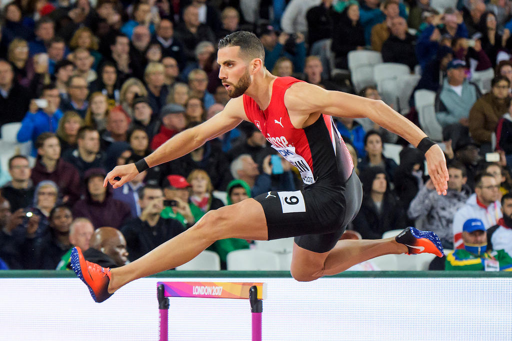 Kariem Hussein from Switzerland competes during the 400m Hurdles Men Final, London, world championships, 2017