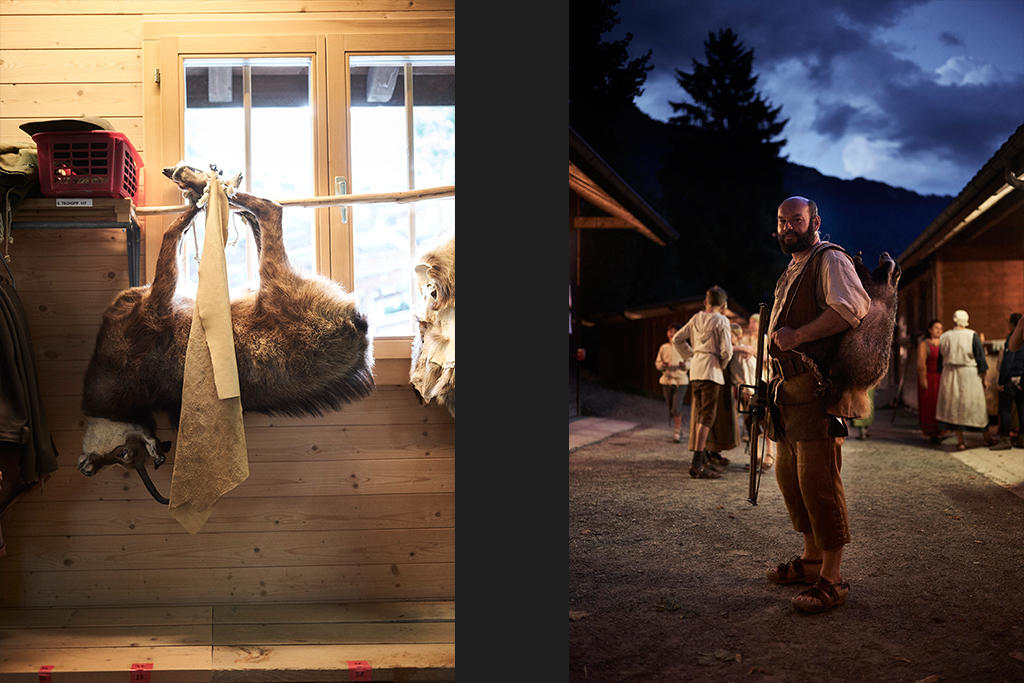 Left: a stuffed chamois mountain goat is suspended from a pole. Right: the lead actor poses.