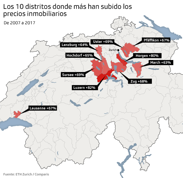 Mapa de Suiza muestra dónde más han subido los precios inmobiliarios