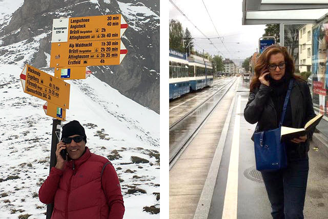 man in snow, woman in city, both on phone