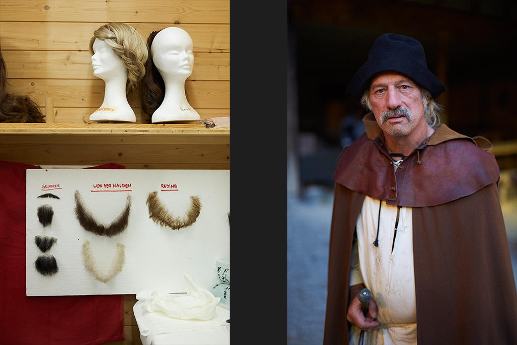 Left: fake moustaches and beards on display. Right: a man with a moustache