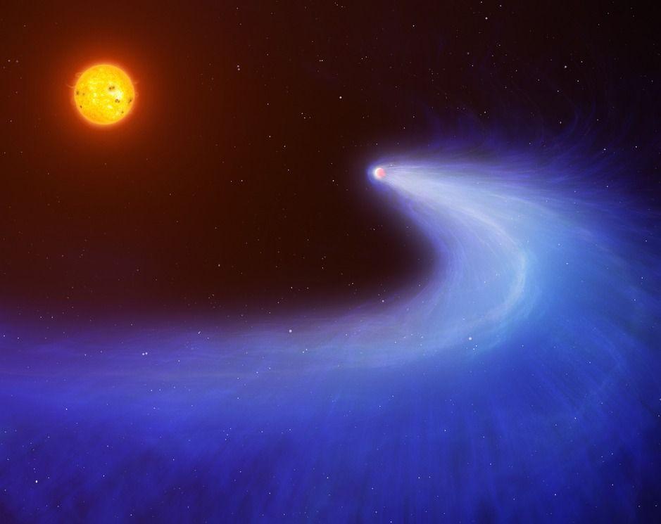 A rendering of a planet orbiting a star