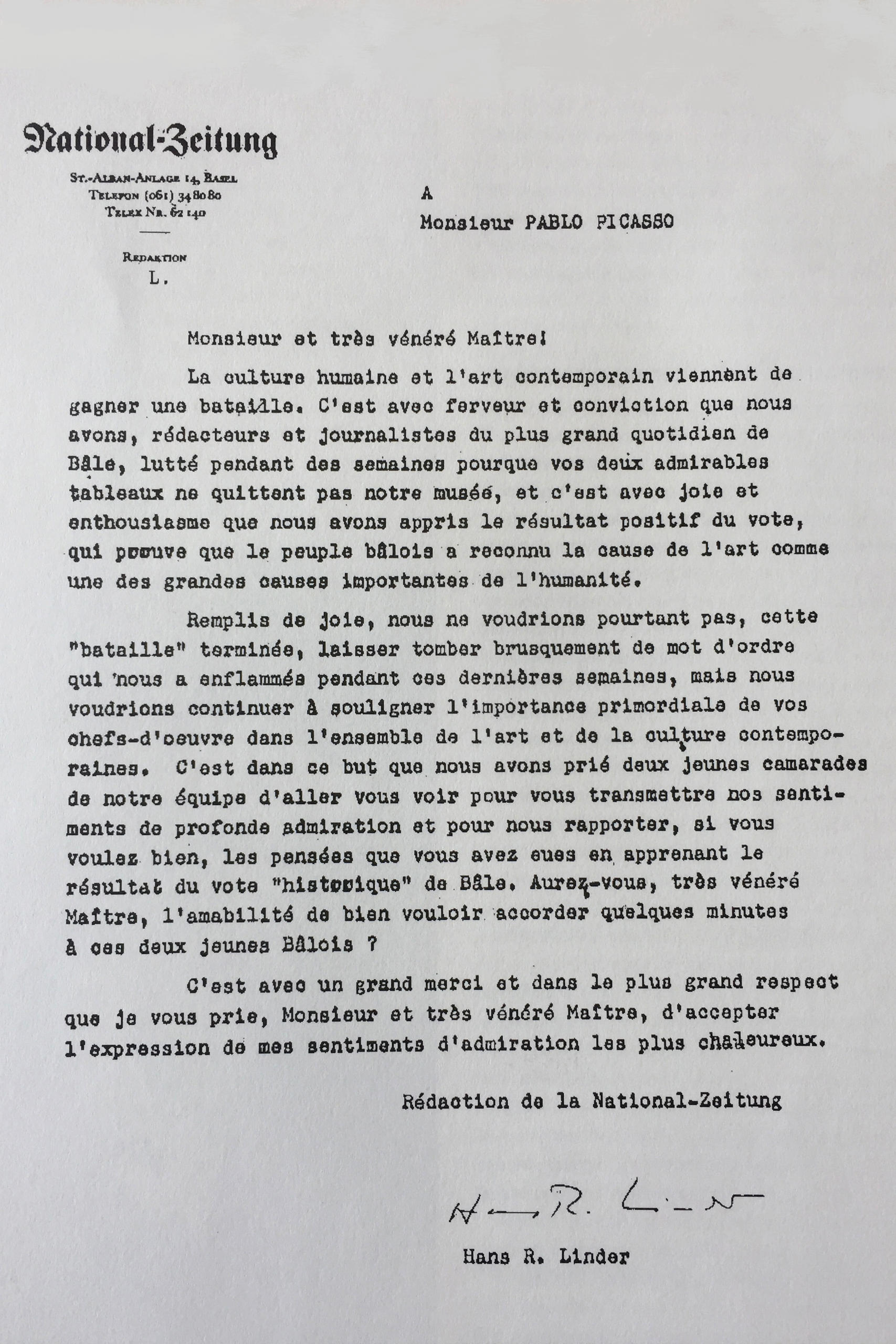 Das Empfehlungsschreiben, das 1967 Kurt Wyss zum Empfang bei Pablo Picasso verhalf.
