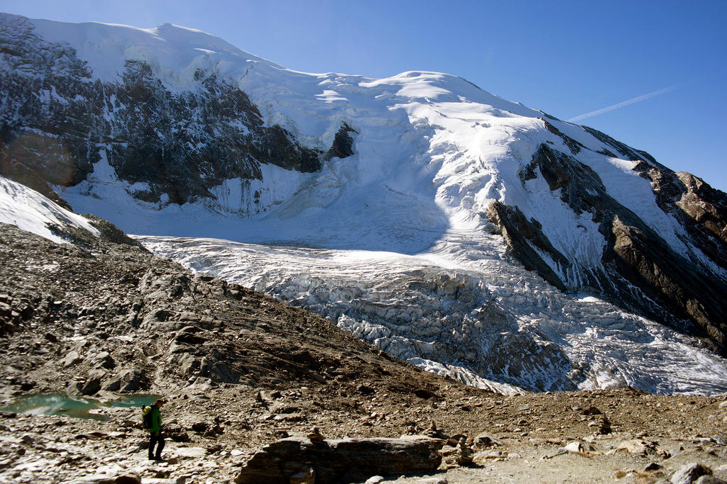 Trift glacier above mountain village of Saas Grund