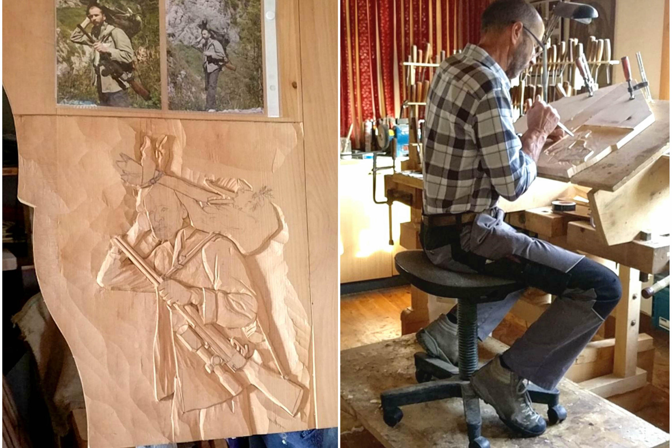 Bajorrelieve con la figura de un cazador dove è scolpito un cacciatore, a la derecha Reynold Boschung esculpiendo