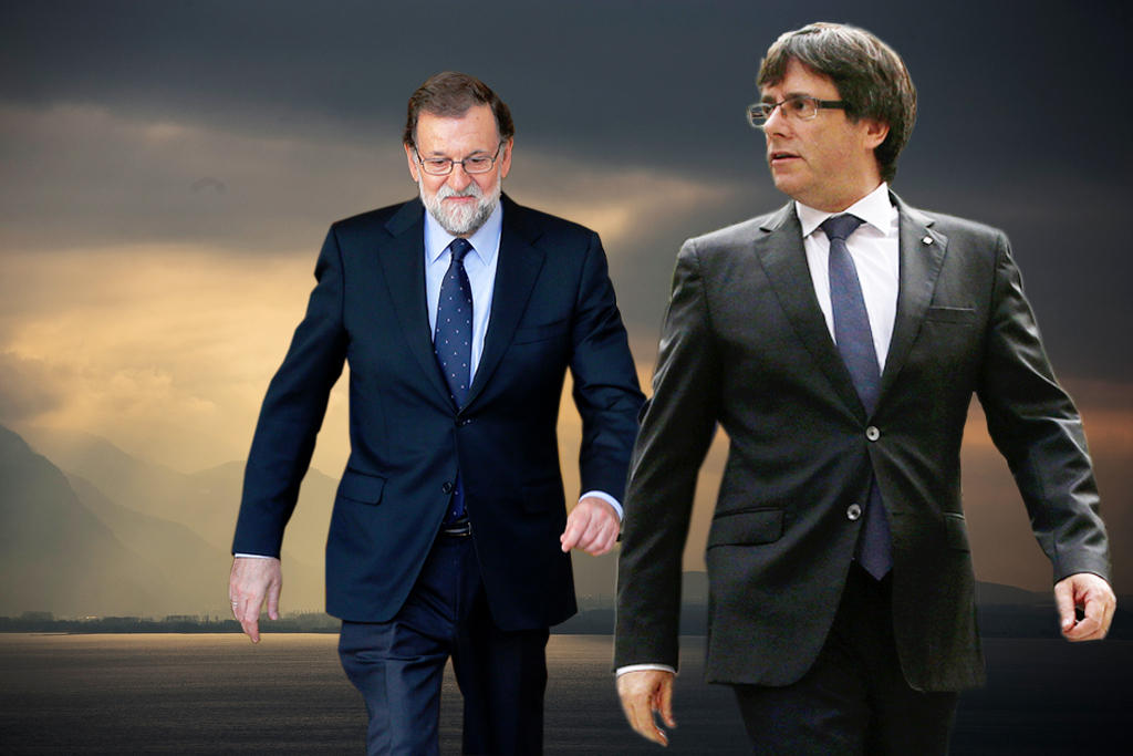 Spain s Prime Minister Mariano Rajoy and Catalan regional president Carles Puigdemont against a backdrop of Lake Geneva