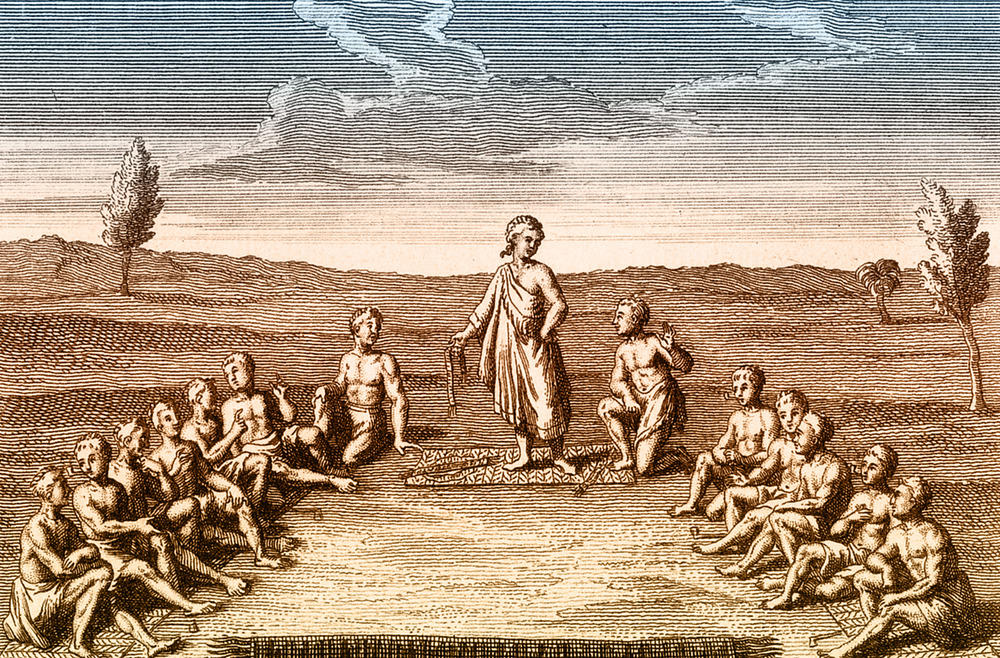 Índios iroqueses reunidos para criar uma federação de cinco tribos em 1570.