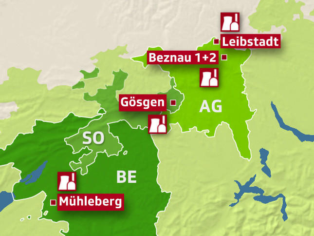 محطات إنتاج الطاقة النووية على الخريطة السويسرية.
