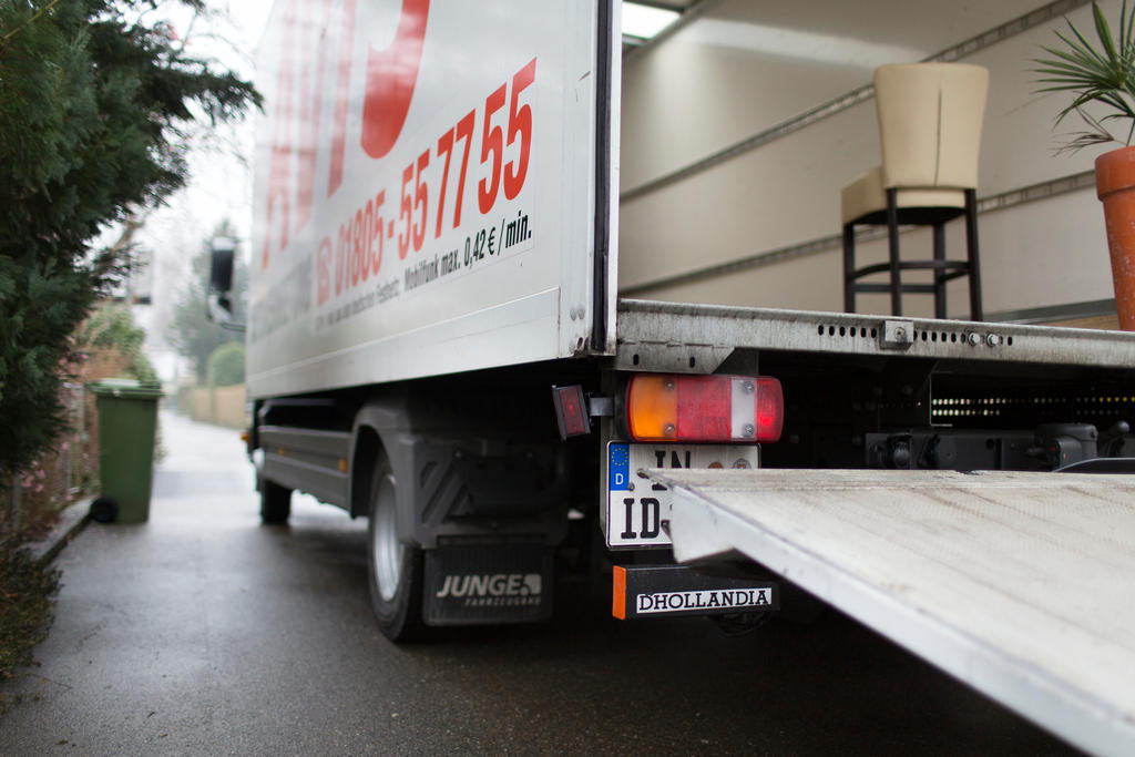 A German moving truck parks in Zurich, Switzerland