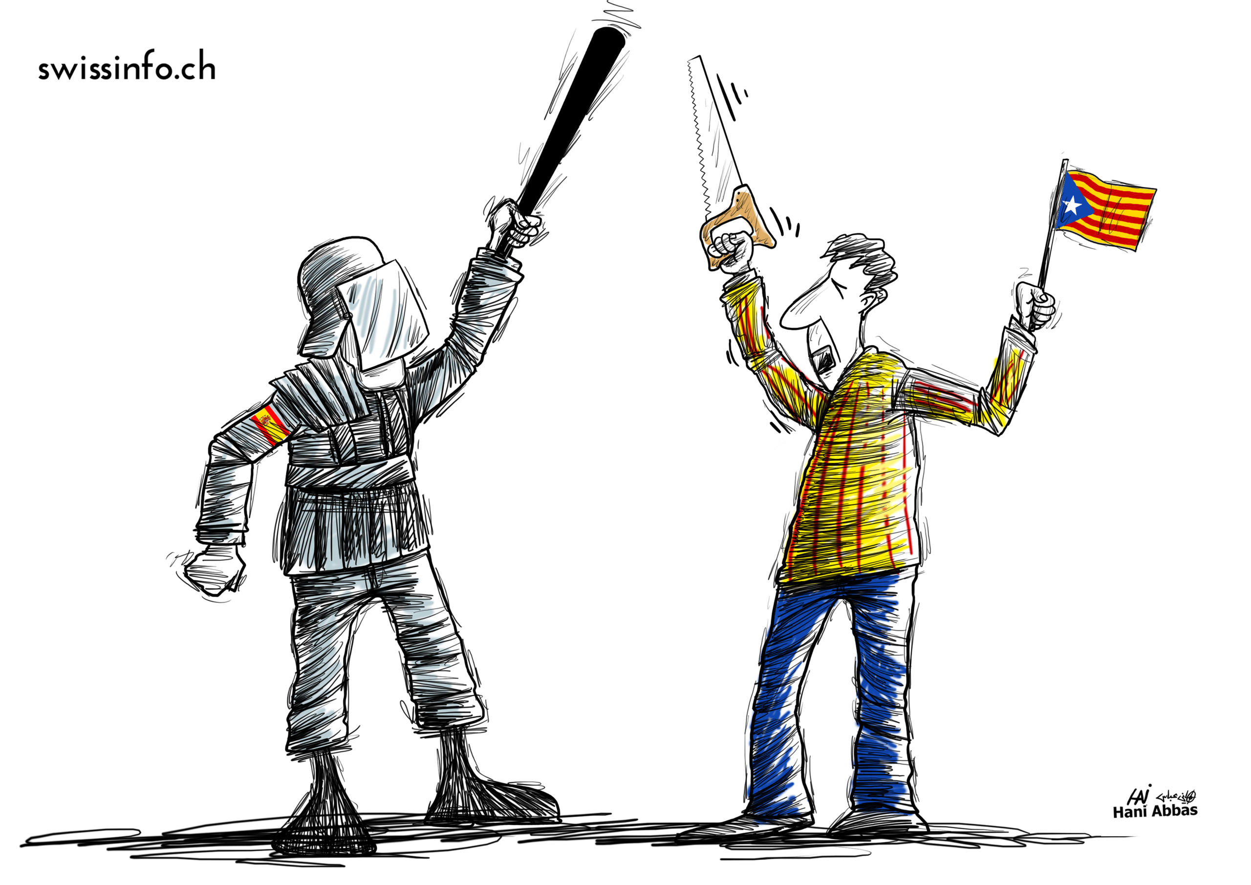 Caricatura: un miembro de las fuerzas del orden con porra y un independentista catalán con sierra y estelada en mano