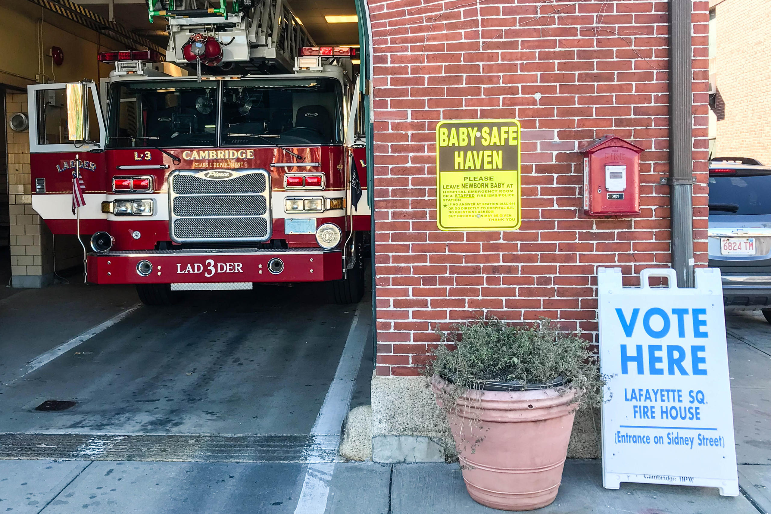 Depot of the Cambridge firefighters and Vote Here sign