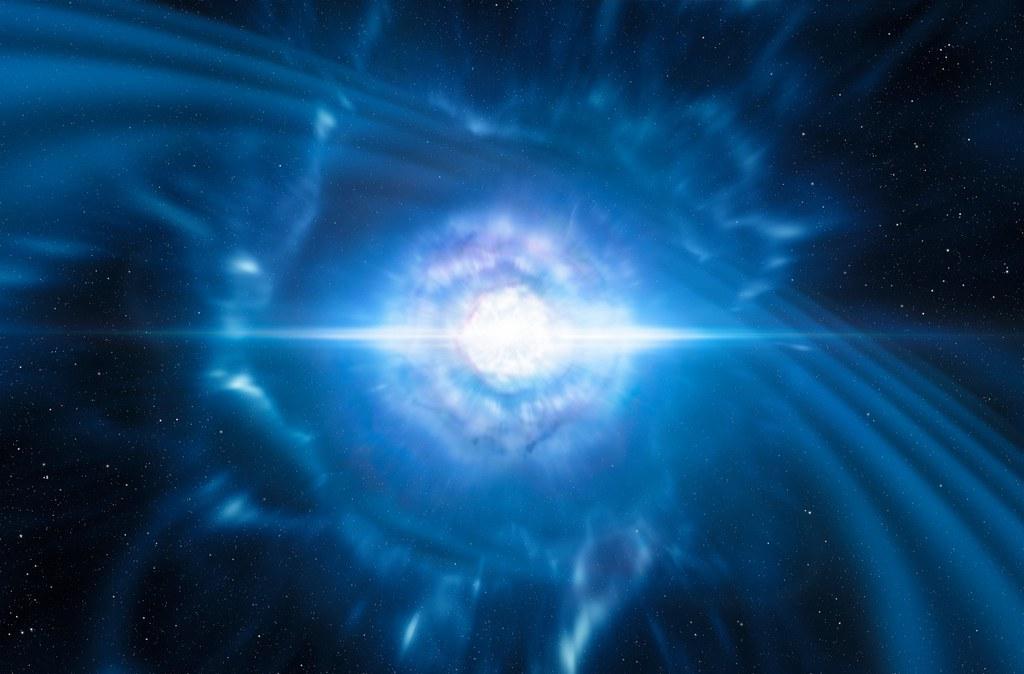 An artist s rendering shows the moment at which two neutron stars collide and merge in a so-called kilonova.