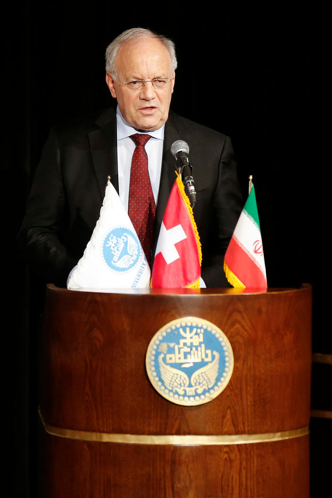 Johann Schneider-Ammann speaks to students at the university of Teheran, Iran,