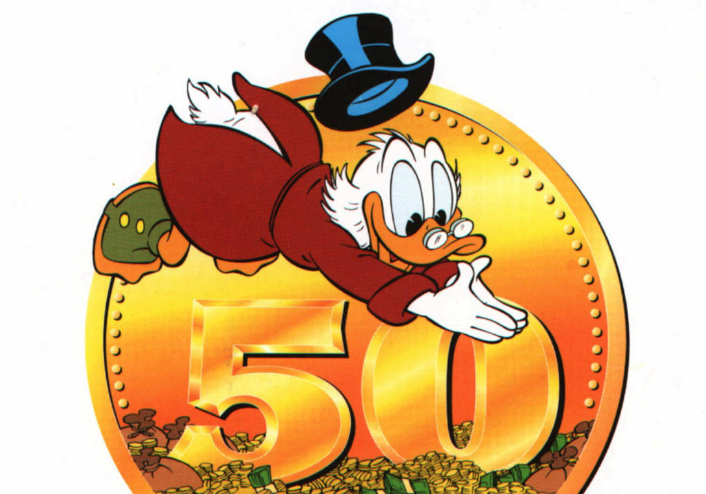 Uncle Scrooge McDuck jumps into a pile of money