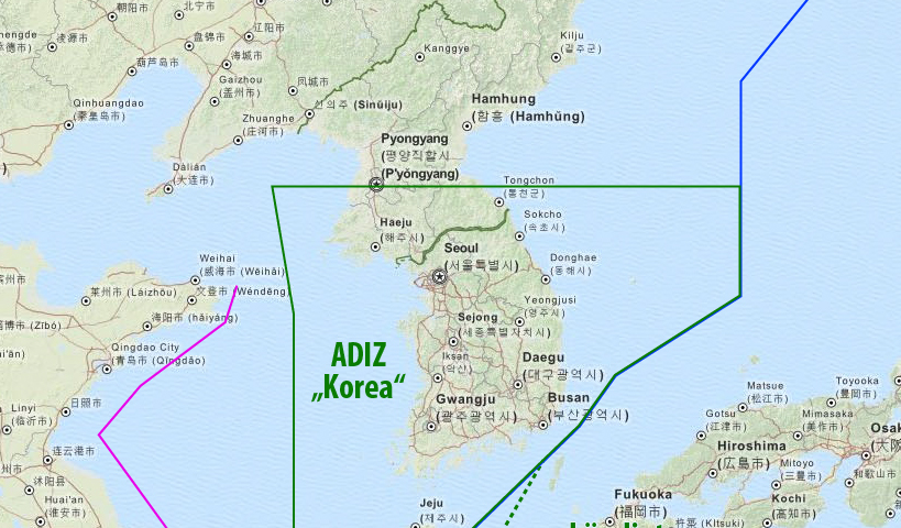 La Zona di identificazione per la difesa aerea KADIZ in un illustrazione di Maximilian Dörrbecker (wikimedia.org)