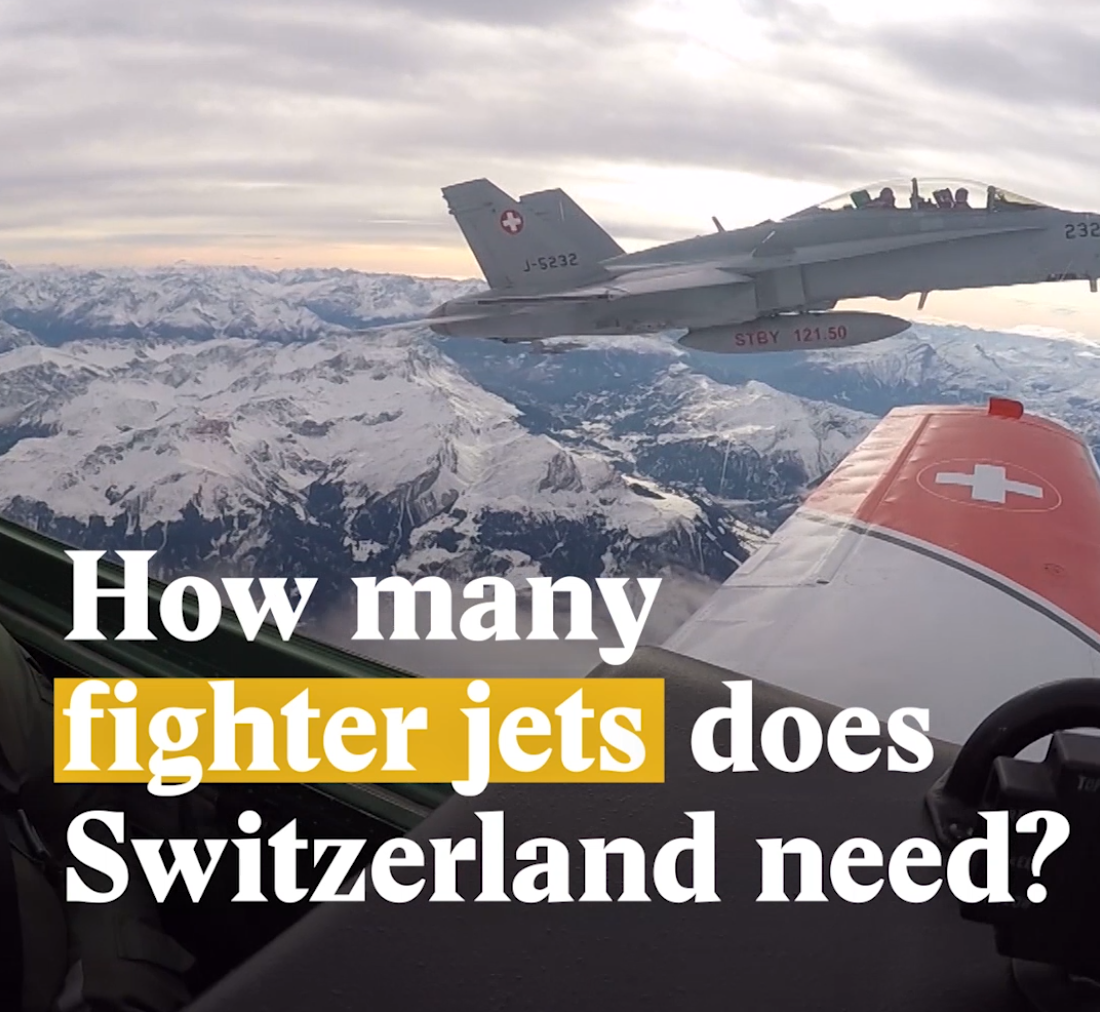 A cover image for a Nouvo video about fighter jets the Swiss army wants to buy.