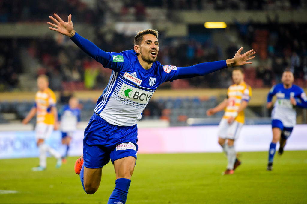 FC Lausanne-Sport forward Gonzalo Zarate celebrates scoring a goal.