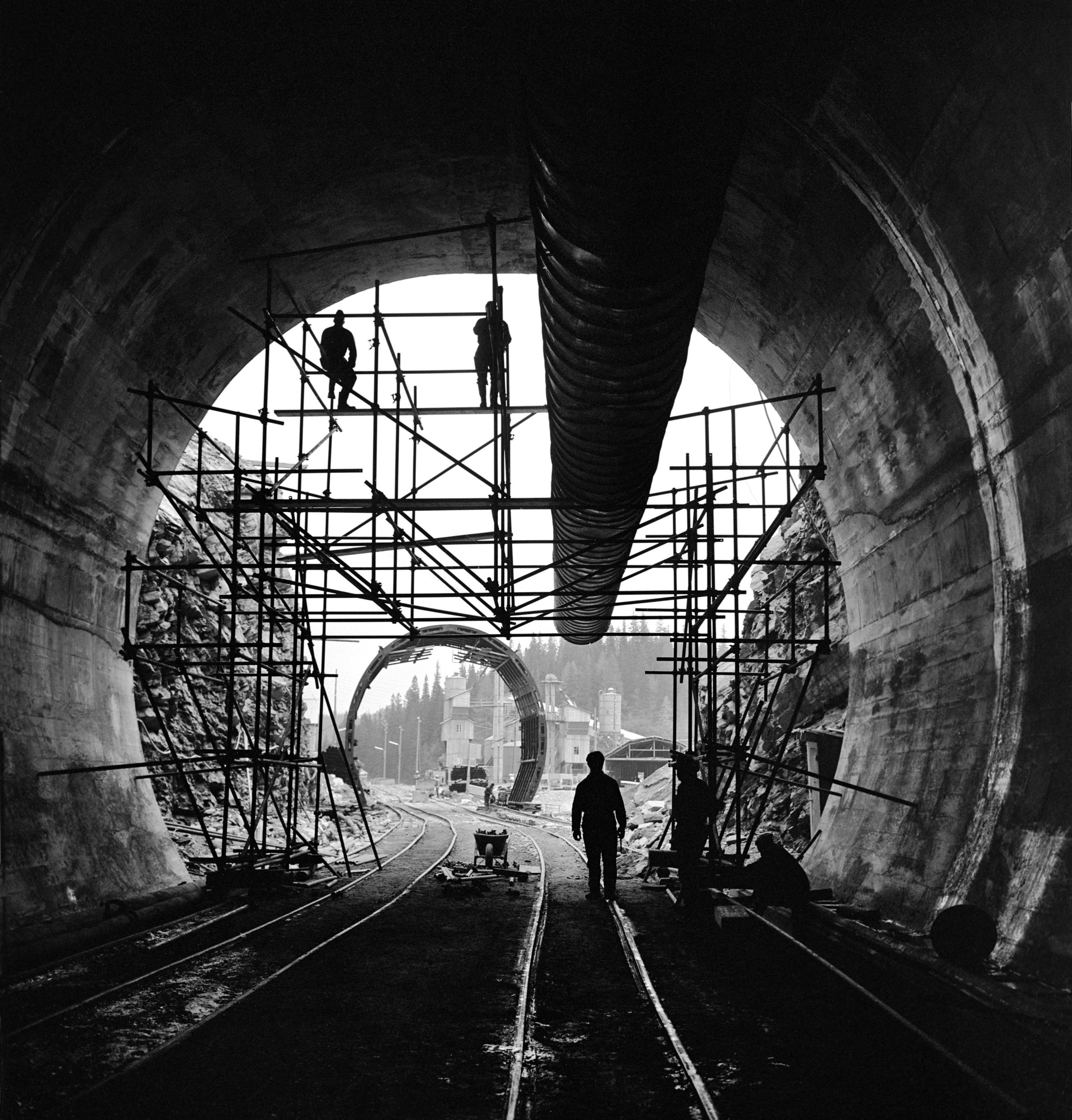Construction workers in the San Bernardino road tunnel.