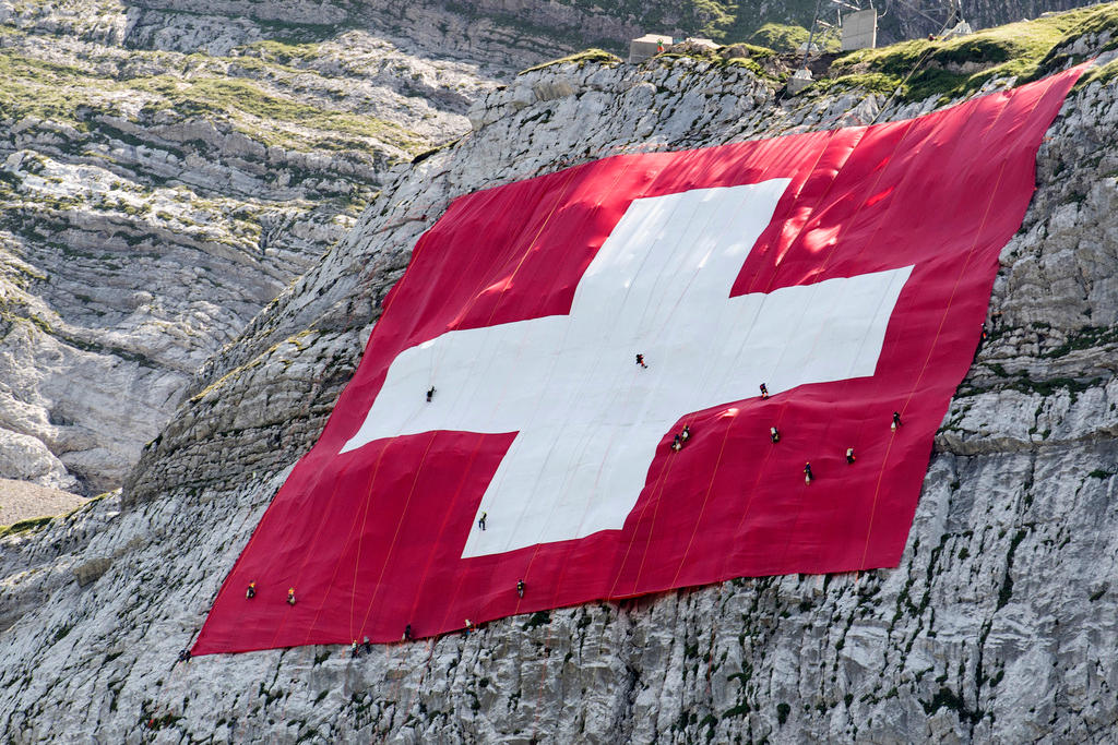 Huge Swiss flag on the side of the Saentis