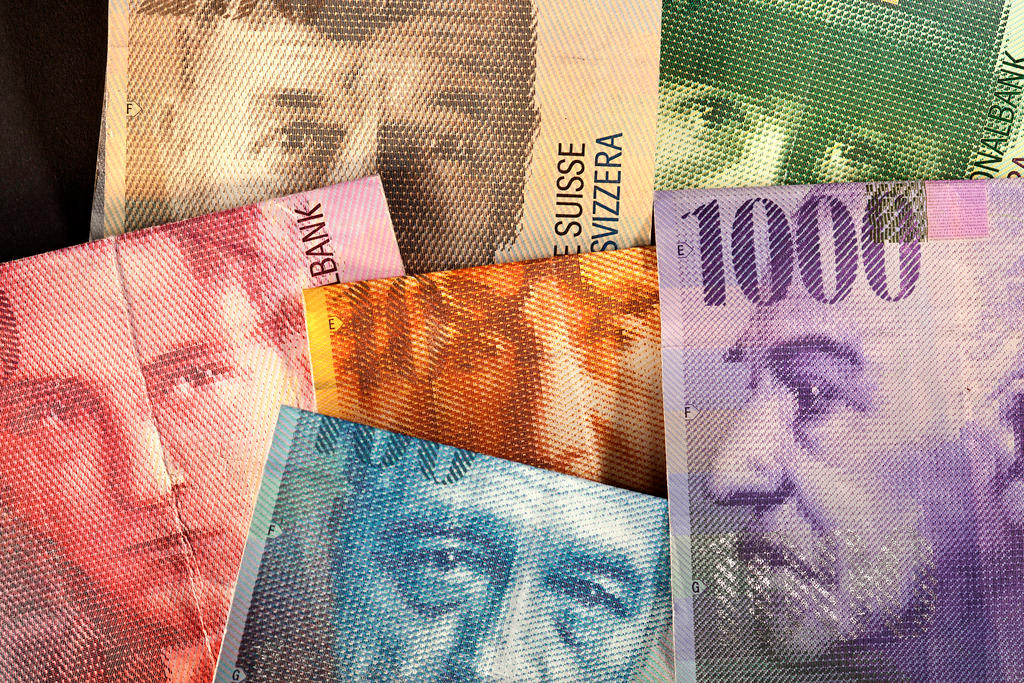 Swiss bank notes: bills of 10, 20, 50, 100, 200 and 1000