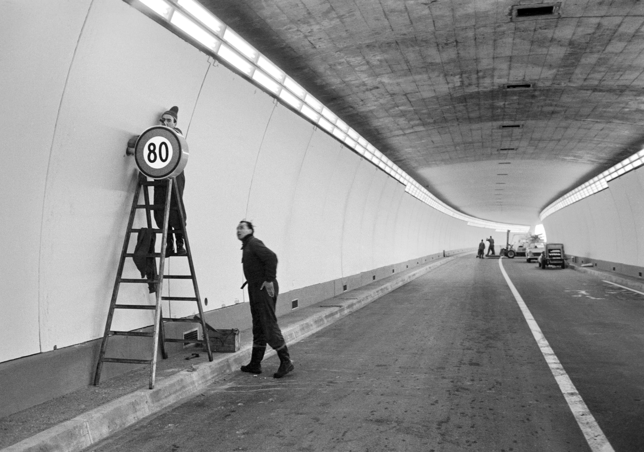 Construction workers in the San Bernardino road tunnel.