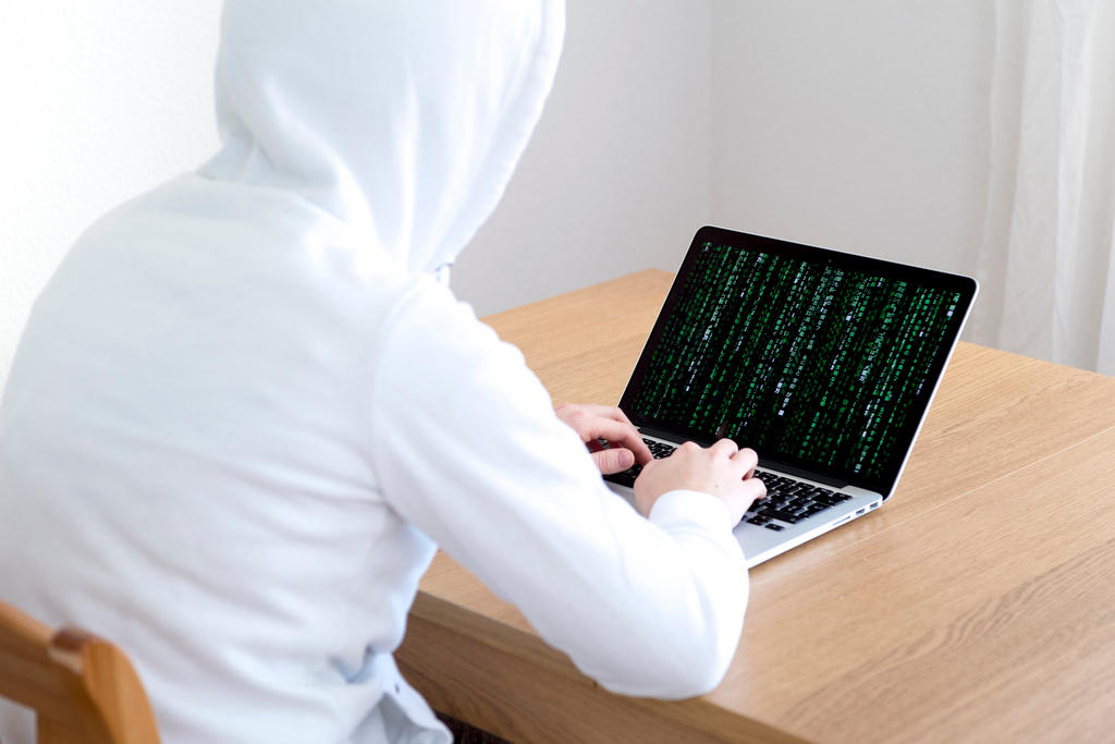 Hooded person at a computer