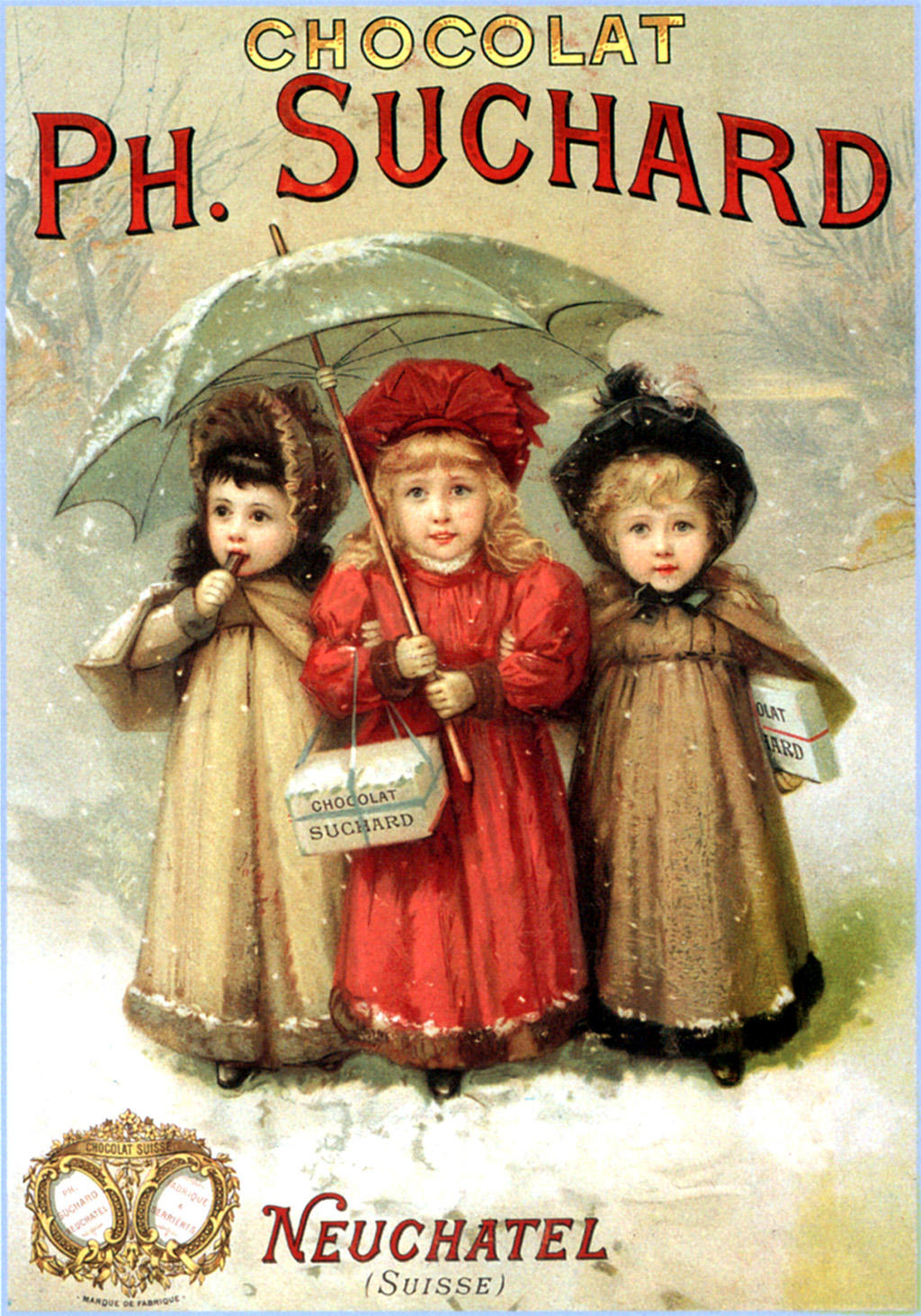 Painted image of three girls linking arms in the snow. One is eating a Suchard chocolate bar. The other two are holding a box.