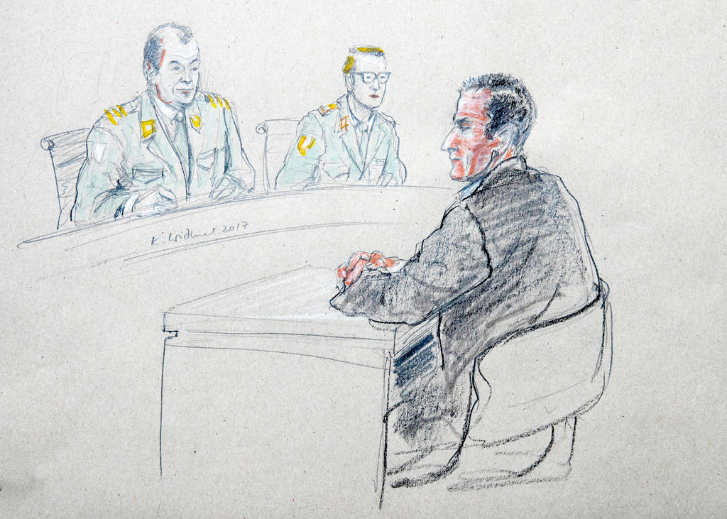 sketch of court proceeding with defendant and two judges