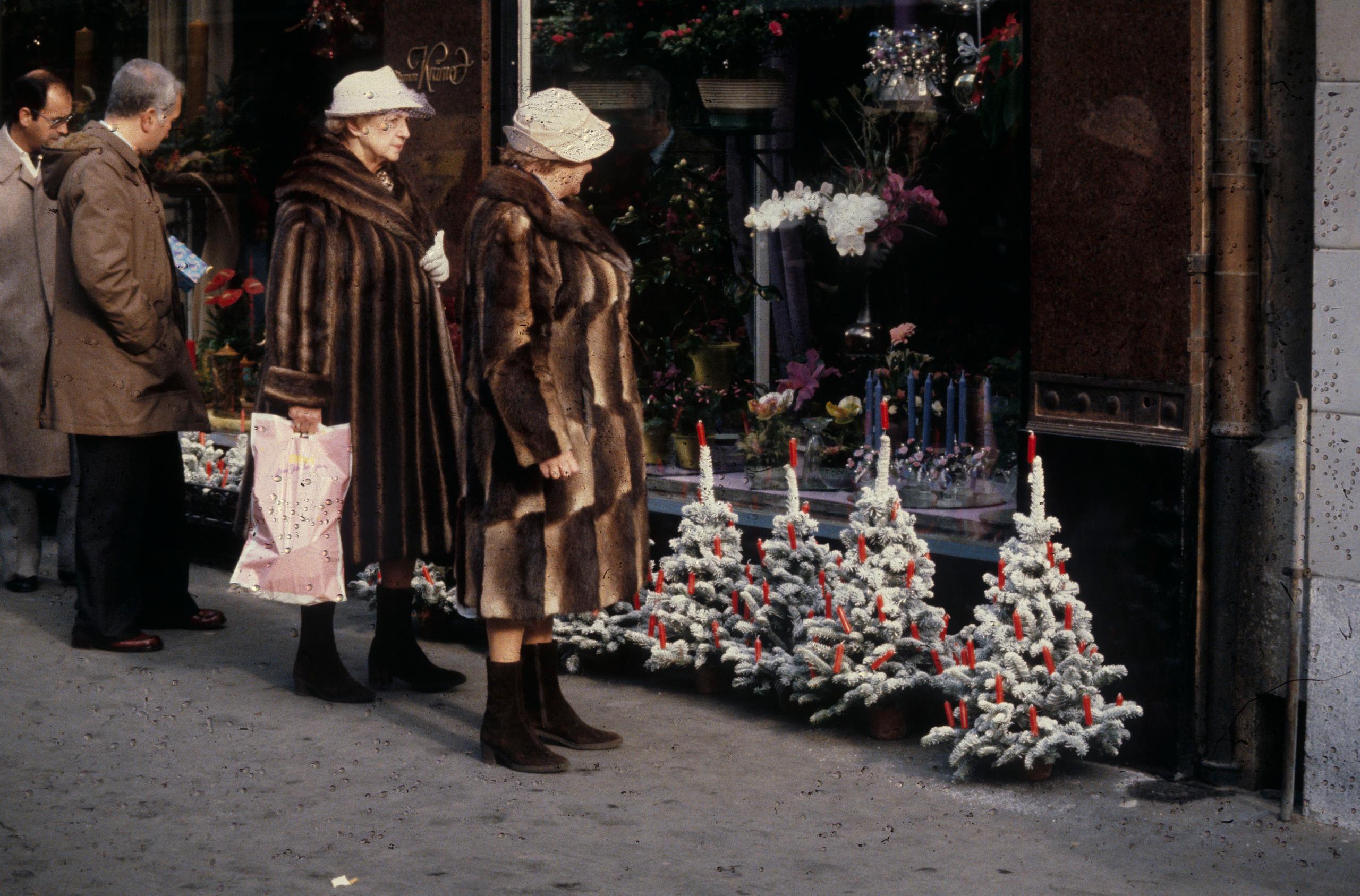 due donne in pelliccia ammirano degli alberi di natale