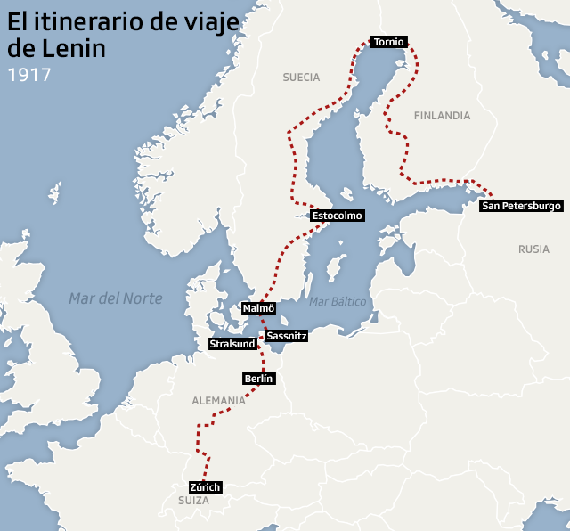 Mapa del recorrido de Lenin de Suiza a Rusia