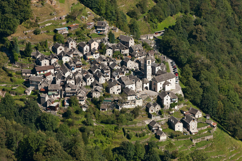 Aerial view of the small Swiss village of Corippo