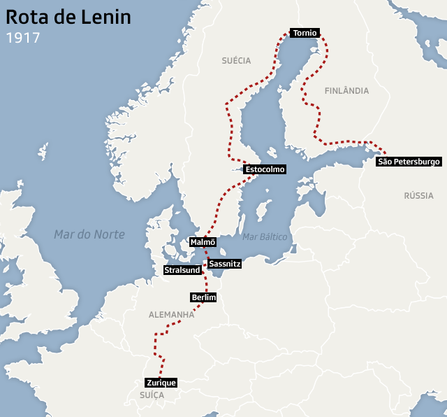 Mapa com a rota de Lenin, de Zurique a Petrogrado