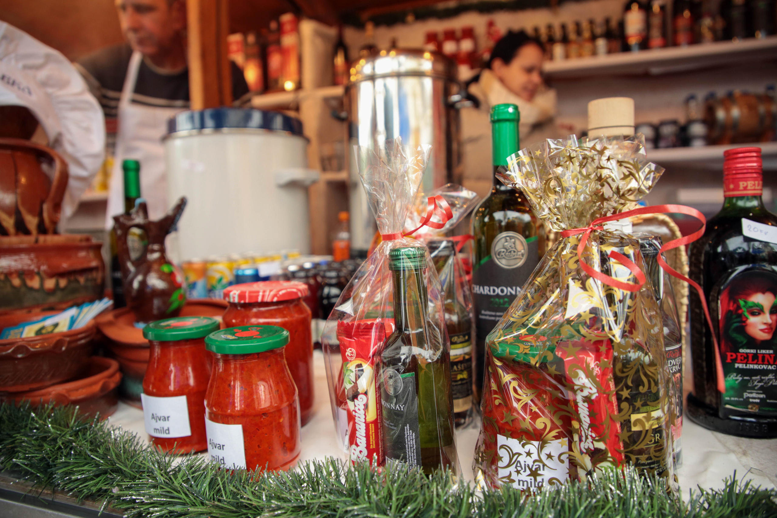 Serbian pickles and sauces on a table