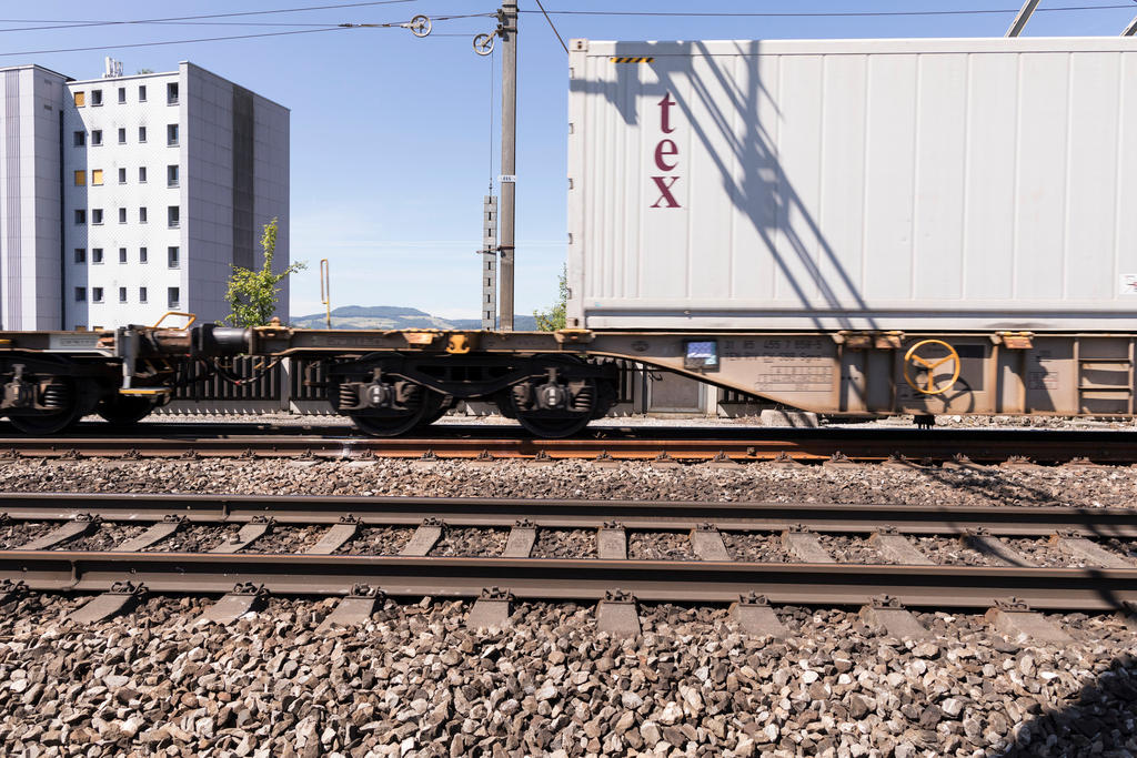 A train carrying freight goes past houses