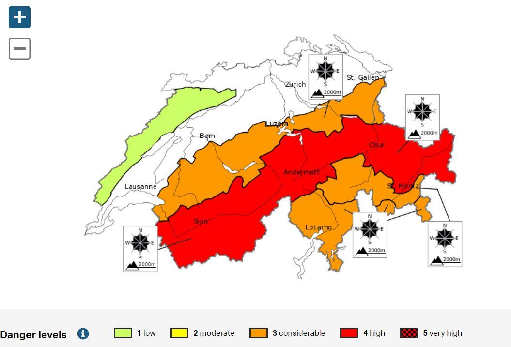 Mapa da Suíça apontando zonas de risco de avalanches