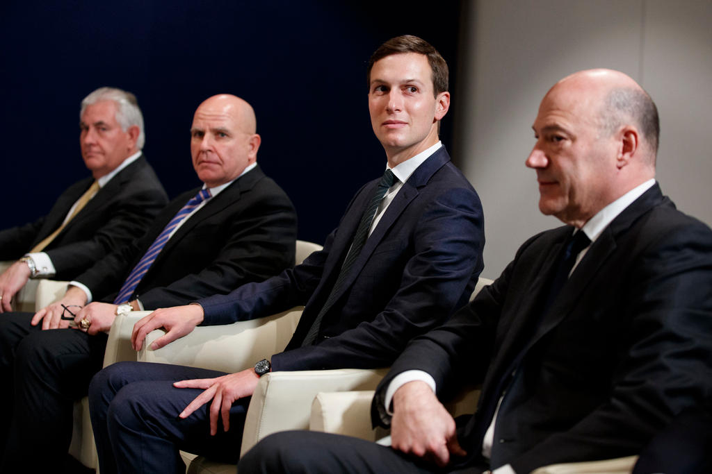 White House senior adviser Jared Kushner listens during a meeting between President Donald Trump