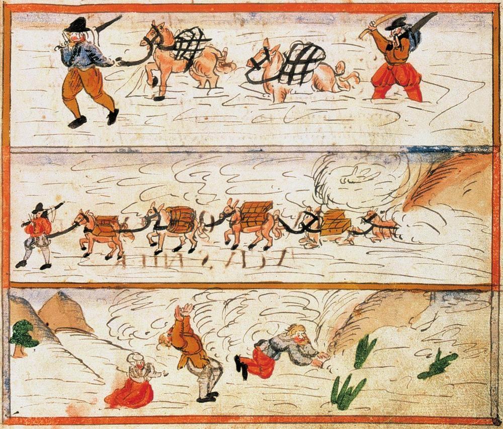 Desenho de Johann Jakob Wick ilustrando avalanches e inundações que ocorreram em 24 de fevereiro de 1586