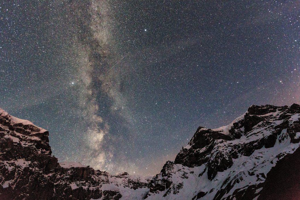 Nocturnal starry sky over Swiss mountains