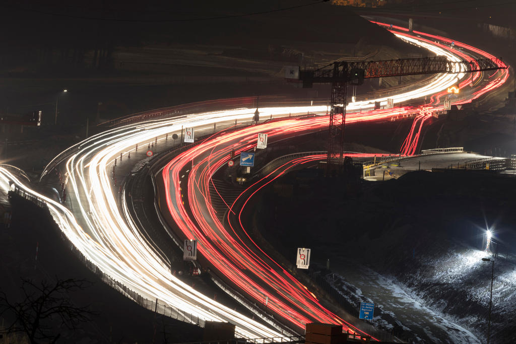 Time exposure shot of a Swiss highway at night