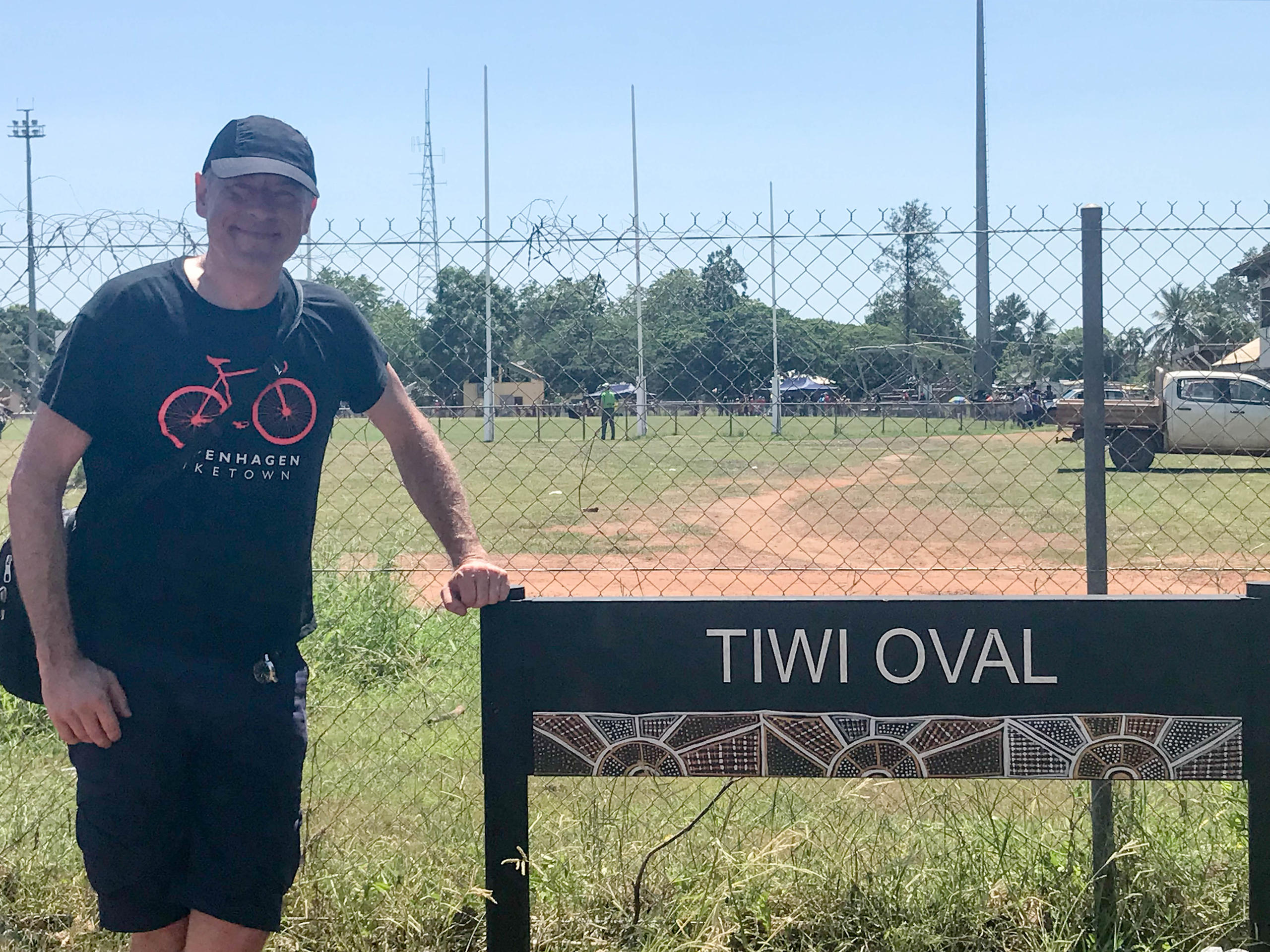 Bruno Kaufmann outside the footy ground in the capital of the Tiwi